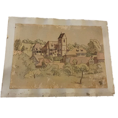 Post War 1940s Art Swiss German Village Artist Signed A. Veil 11.5”Hx13.5”W READ