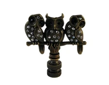 Lamp Finial-OWLS ON BRANCH-Antique Brass finish, Rhinestone encrusted