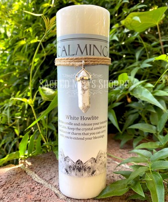 Calming White Pillar Candle with White Howlite Gemstone Pendant Jewelry Amulet