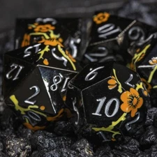 Sage's Petrified Flowers Black Orn/Yel Flowers Metal Dice Set Dnd Dice RPG Games