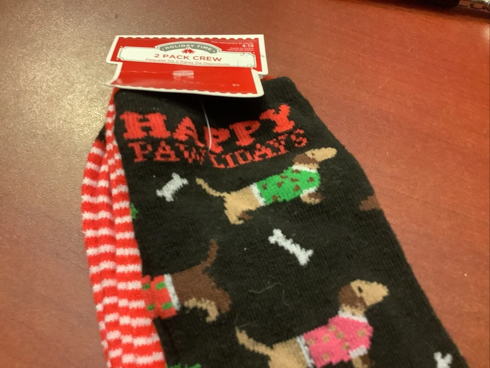 NUEVO/NUEVO CON ETIQUETAS~Holiday Time~Paquete de 2 calcetines~FELICES PAWLIDAYS~Múltiples Dachshunds marrones Foto 4 de 4