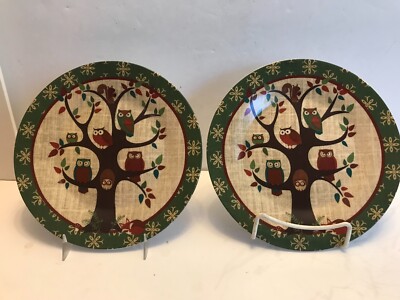 TWO Matching Owl Plates, Cute Owls & Squirrels in Tree Plates - 8'' Kane Home