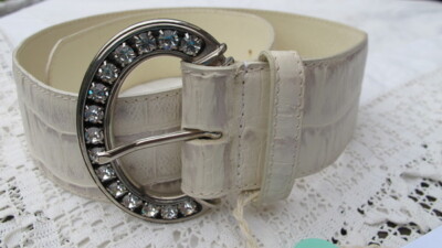 NANNI Italy leather BELT ivory white mock croc wide crystal buckle 28