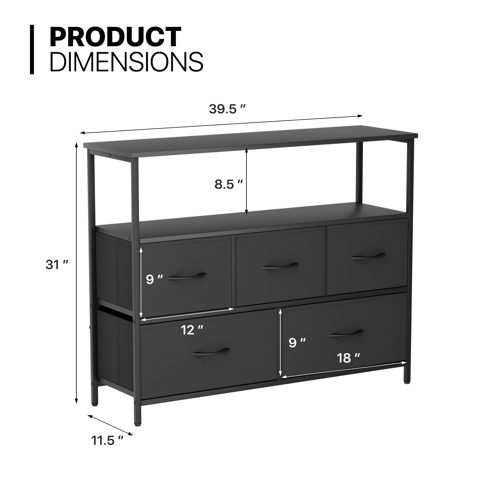 5 Black Drawers Dressers Fabric Chest of Drawers Storage Bedroom Organizer Bins