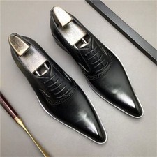 Men Genuine Leather Dress Shoes Fashion Wedding Pointed Toe Lace Up Formal Shoes