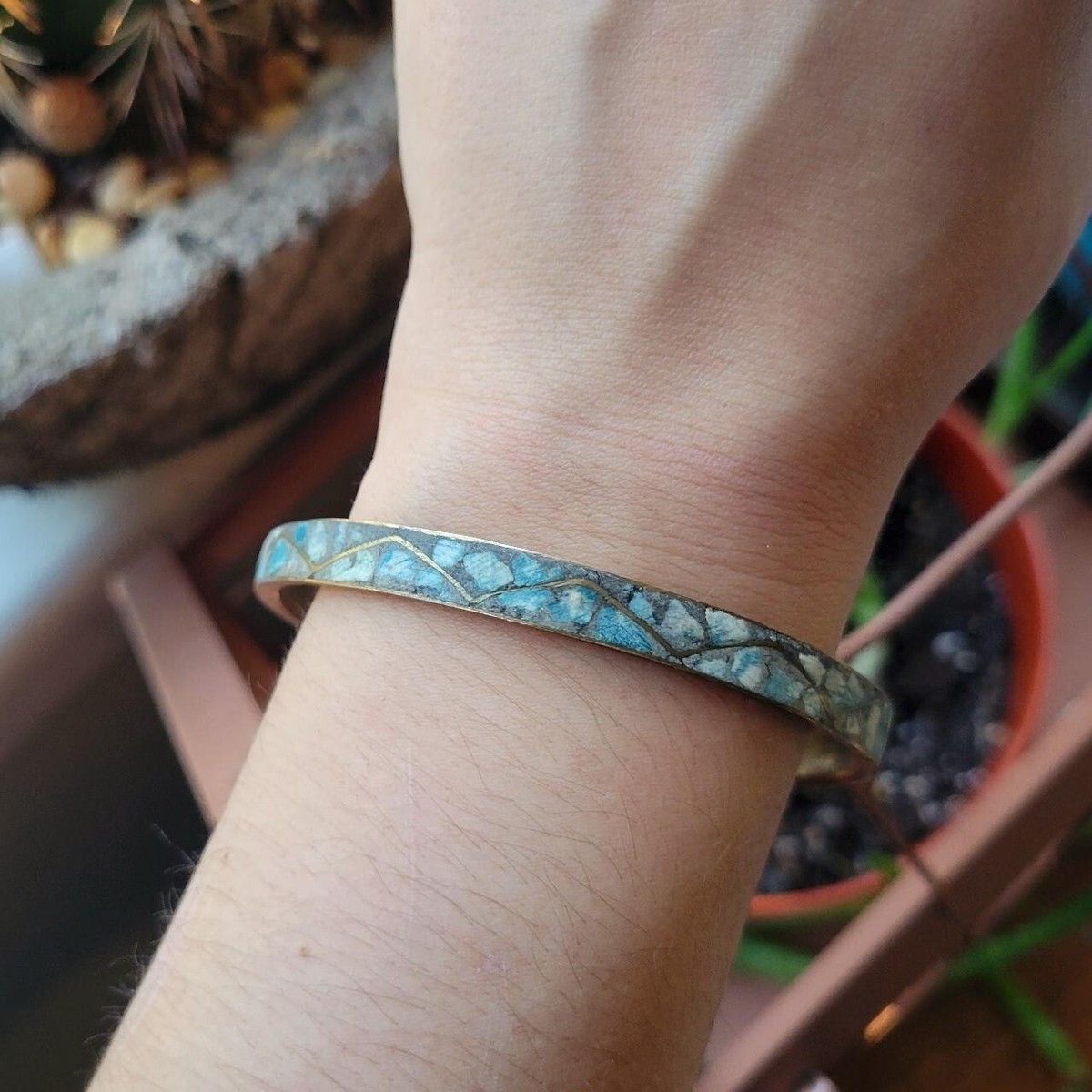 Vintage Inlaid Turquoise Mosaic Dainty Brass Indian Bangle