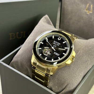 NEW AUTOMATIC  Bulova Marine Star Gold Tone Black Dial Skeleton Men Watch 97A174