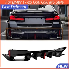 For BMW 17-23 G30 G38 M5 Style Gloss Black Big Fin LED Rear Bumper Diffuser Kit 