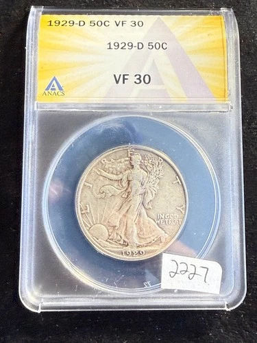 1929-D Walking Liberty Silver Half Dollar 50c ANACS VF30 VF 30 2227