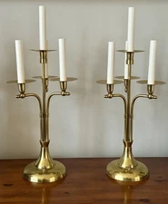 Vintage Pair Mid Century Modern Brass Candelabra Table Lamps Hollywood Regency