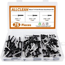 ALLCLEAN 3/16" x 5/8"-3/4"-1" Tri-Fold Rivets Assortment - 75Pcs,Black Tri-fo...