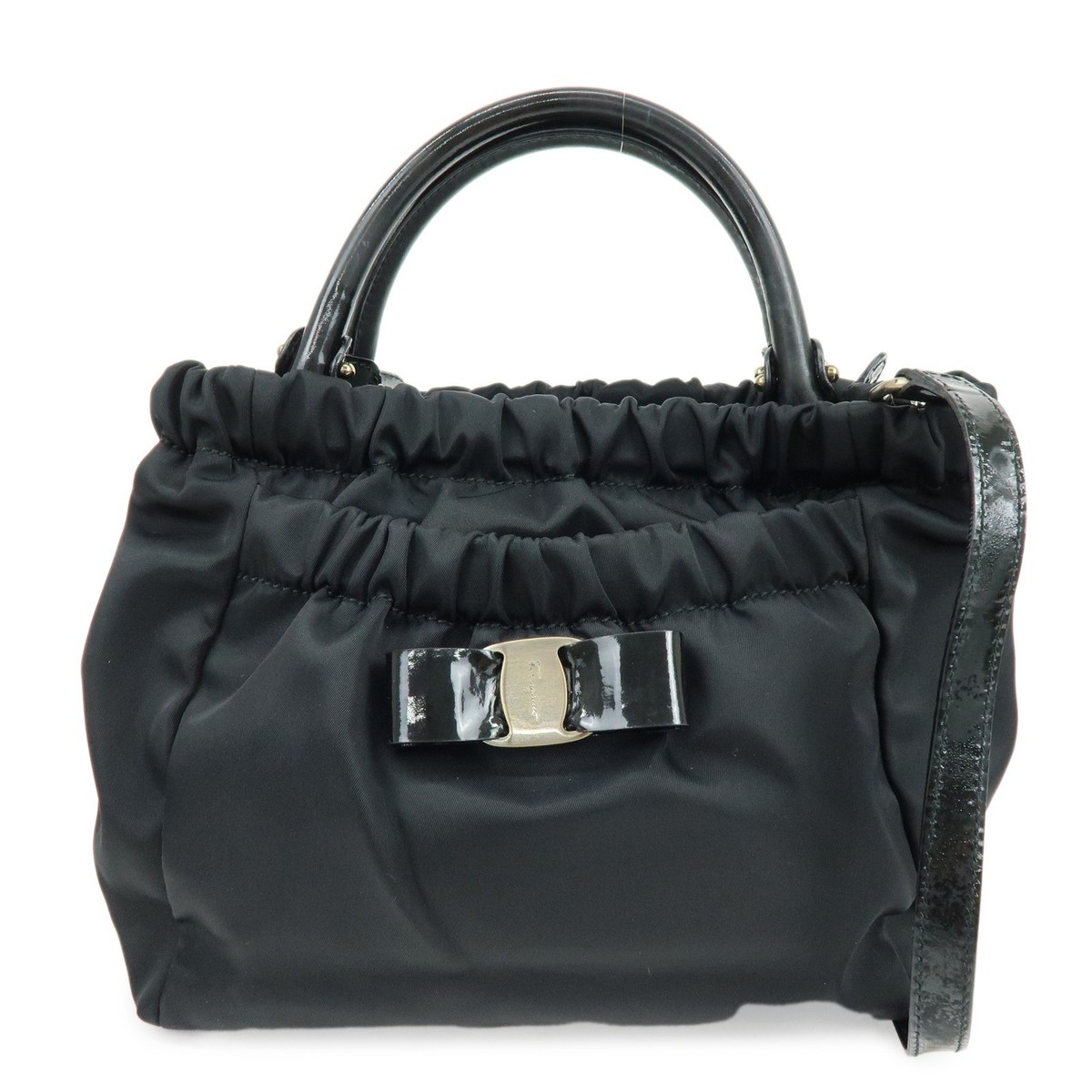 Ferragamo Vara Ribbon Nylon Patent Leather 2Way Bag Hand Bag Black 