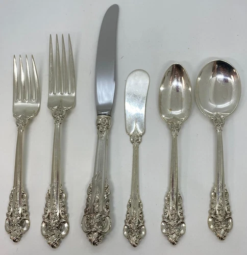 Wallace Grande Baroque Sterling Flatware 6pc Place Set for 12 Monogram D 79pc