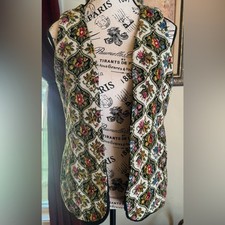 Vintage Tapestry Embroidered Multi-Color Open Front Vest Granny Chic Floral Med