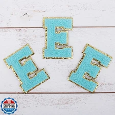 3 Pack Chenille Iron On Glitter Varsity Letter 8cm Tall "E" Patches - Blue Ch