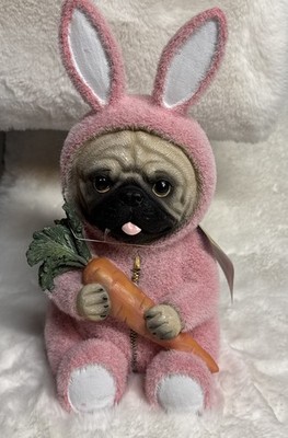 Easter Pug Dog In Pink Fuzzy Bunny Rabbit Carrot Suit Shelf Sitter Decor