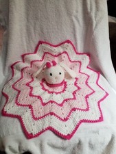 Bunny Pink White Handmade Crochet Knit Baby Lovey Security Blanket Zig Zag Skirt