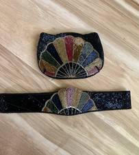 Vintage 1980s Beaded shell Clutch Purse And Belt