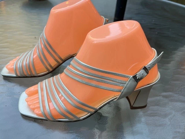 Ann Marino  Silver-Cream Strappy Slingbacks - 2.75" Chunky Heel -Size 7M Unworn - Image 3 of 4