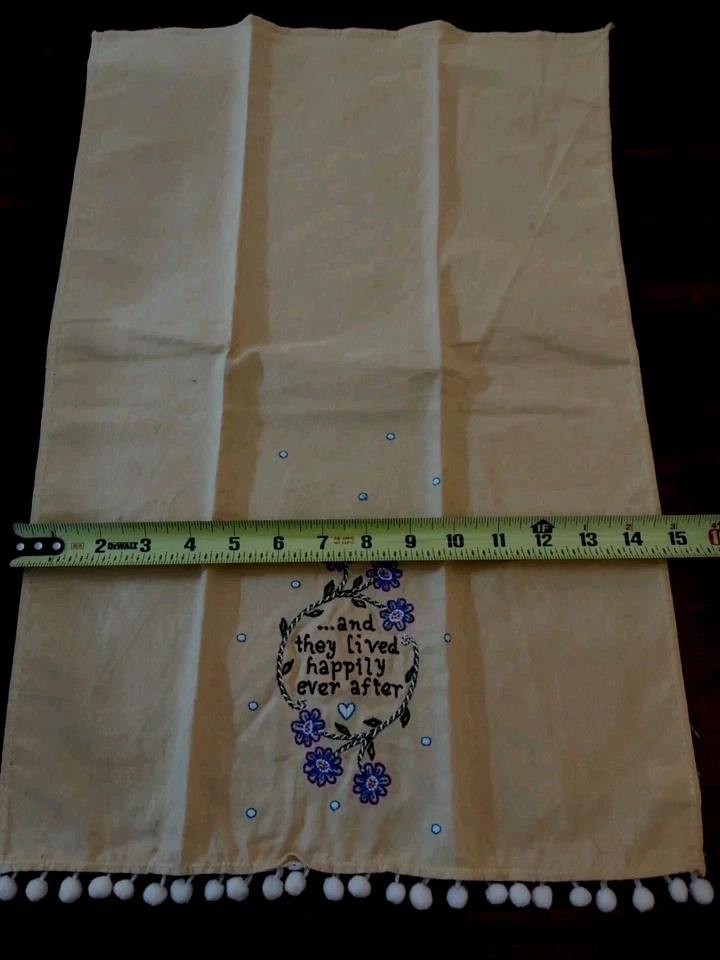 2-Natural Life Linen Blend Kitchen Tea Towels Embroidered ''Happily Ever after"  - Image 3 of 4