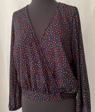 Madewell size S Clip Dot Faux Wrap Blouse Navy Blue Multicolor Polka Dot