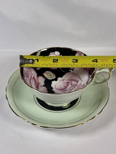 PARAGON PINK CABBAGE ROSE W/ BLACK & LIGHT GREEN TEA CUP & SAUCER Double Warrant - Picture 22 of 24