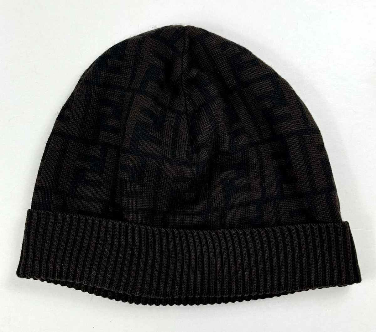 FENDI ブラックニット帽 Fendi Zucca FF Logo Monogram Brown/Black Wool Knitted Men Beanie