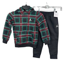 Jordan 2-Piece Fleece Hoodie Jogger Set Toddler 4T Black Plaid Red Green NWT