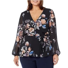 NWT City Chic Naomi Floral Surplice V-Neck Faux Wrap Chiffon Blouse Black 24