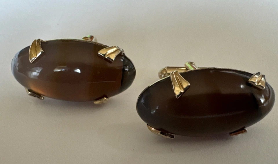 Brown Agate Cufflinks and Tie Bar Gold Tone Polished Statement Modernist Anson - Image 3 of 4