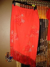 VINTAGE MUSE TWO PIECE TOP & DRESS ORANGE EMBROIDERED FLOWERS AND FRINGE BOTTOM