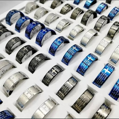 New 1PC Stainless Steel Cross Rings Unisex Jesus Christ Scripture Religious Band - Picture 8 of 16