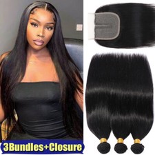 Straight Lace Closure with 3Bundles Weave Indian Virgin Human Hair Extensions US