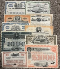 Lot of 10 Different Railroad Stocks & Bond Certificates Erie New York Central