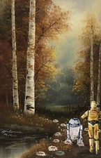 R2-D2 C-3PO Forest star wars art print poster upcycled thrift store painting