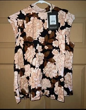 Floating Mums Floral Pink Peach Flowers Silky Cap Sleeve High Neck Blouse Top S