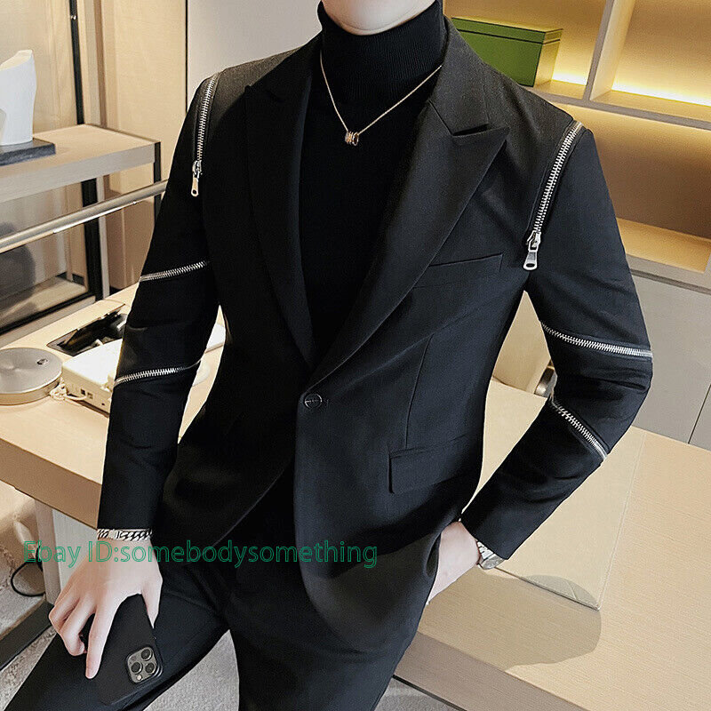 Men Zip Design Suit Blazer Peak Lapel Dress Jacket Top Coat Casual Cool  Classic