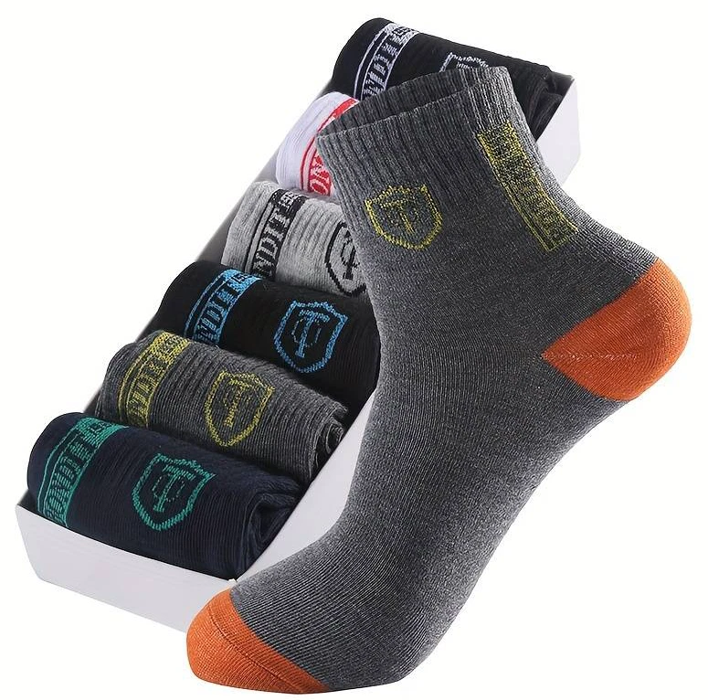 6pairs Men's Cotton Sweat Absorbing Embroidered Crest Athletic Socks, Ankle Sock - Image 2 of 4