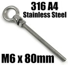 M6 x 80mm A4 Marine Grade 316 Stainless Steel Lifting Eye Bolt Long shank Nut