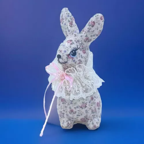 Decoupage Rabbit Bunny Pink Floral Lace Ribbon Collar Kitsch Anthropomorphic