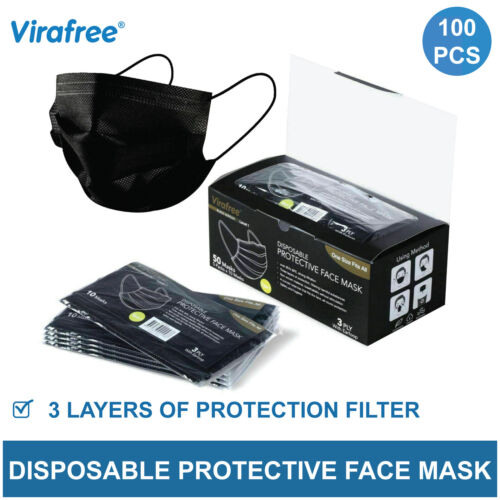 100 Disposable Face Mask Black Adult Protective Masks Mouth Cover Filter-2 Boxes - Picture 1 of 6