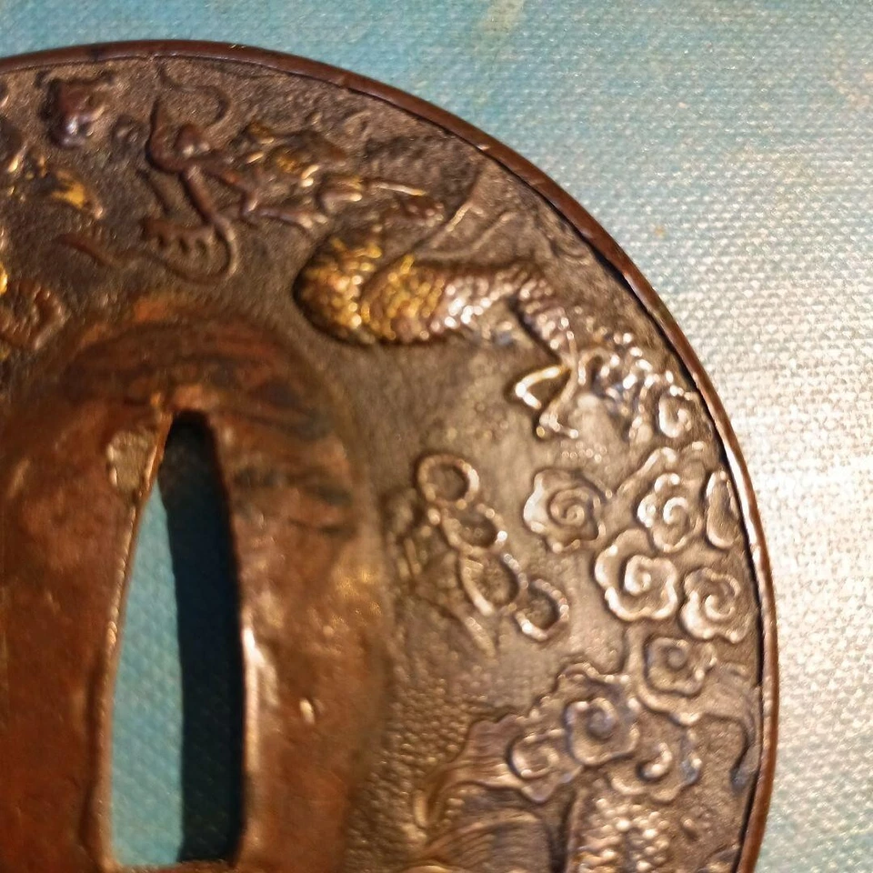 Japanese Antique Dragon Flower Curving Copper Tsuba KatanaSword Guard from Japan - Image 2 of 4