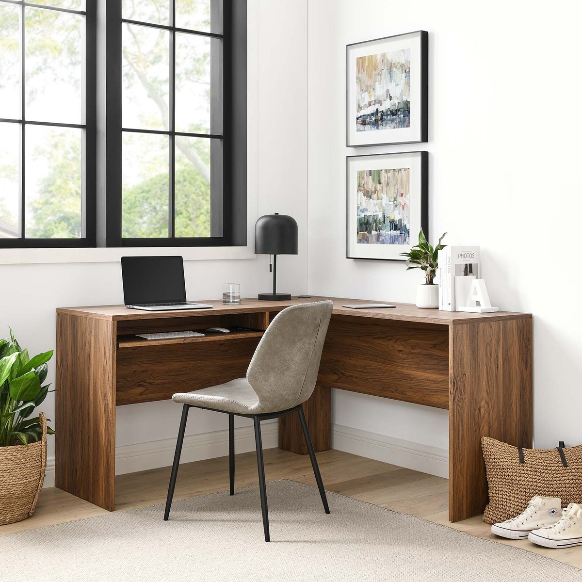 Modway Venture Mid-Century Modern L-Shaped Office Desk in Walnut