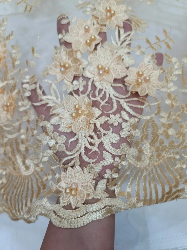Champagne Gold Lace 3d Floral Flowers Embroidered Beaded Fabric By The Yard For  - Image 4 of 4