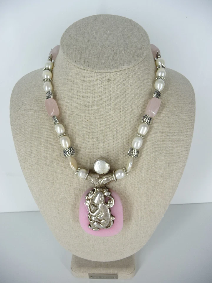 Collar Colgante Reversible Plata 925 Superposición Mono Pez Rosa Cuarzo Barroco Foto 2 de 4