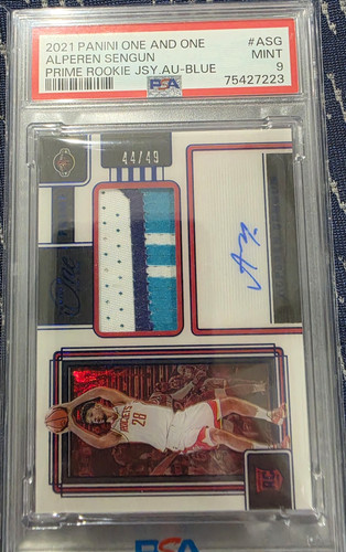 Panini 2021 One and One Alperen Sengun Prime Rookie JSY Auto Blue /49 PSA 9 #ASG