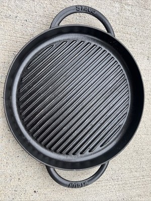 Staub France Cast Iron 12'' Round Double Handle Pure Grill Red Grenadine Skillet