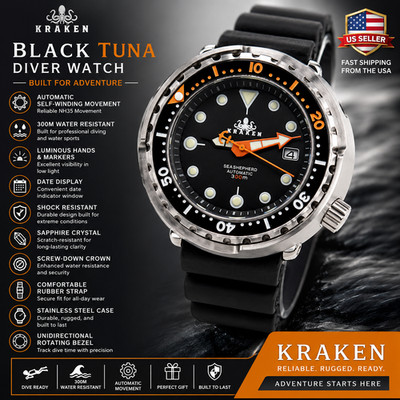 Automatic KRAKEN Black 'Tuna' Divers Watch 30ATM WR (SEIKO TMI) NH35 Japan Movt