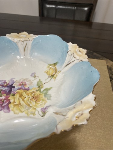 Antique RS Prussia(?) Large Lily Bowl Spring Colors Turquoise Lavender Yellow - Picture 4 of 24