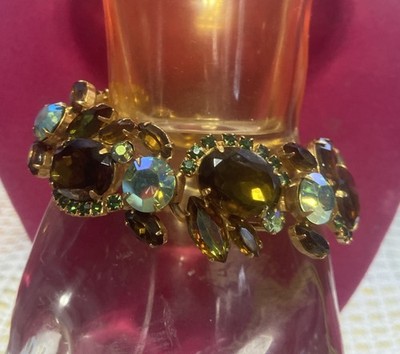 Juliana D&E Vintage BOOK PIECE 5 Link Green & Topaz AB Rhinestone Bracelet 7.5''